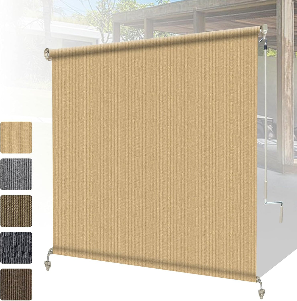 Spliced outdoor roller shade installed on a covered patio