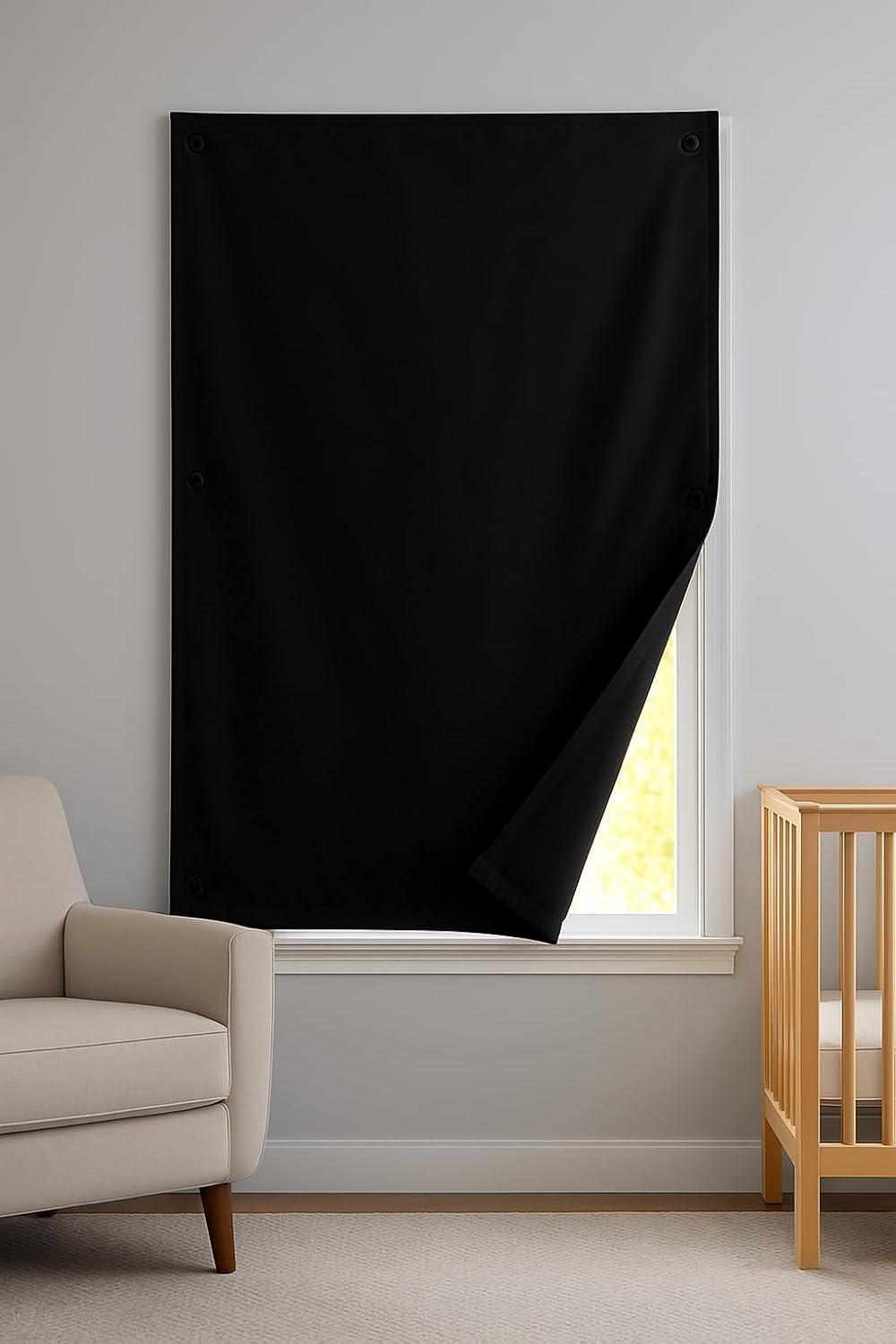 Original DREAM ART nursery scene showing the blackout curtain lifted to reveal the window