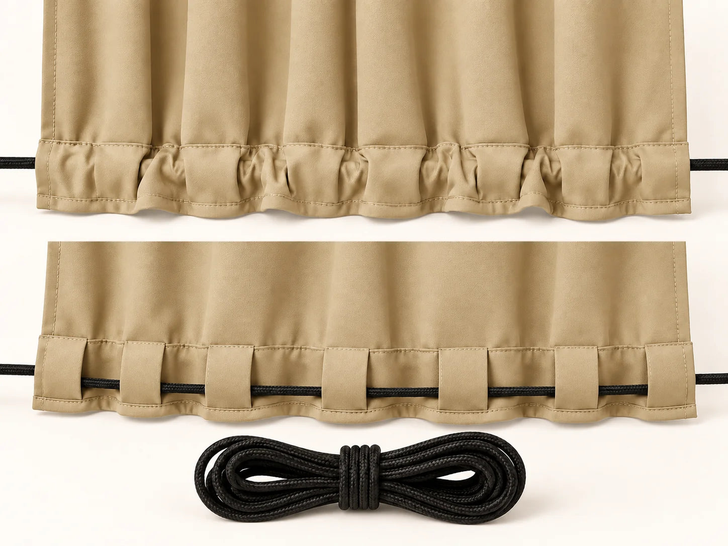 Beige outdoor curtain planned lower rod pocket and rear tab construction
