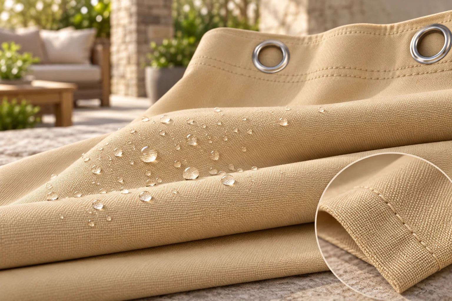 Water beads on beige outdoor curtain fabric and stitched hem detail