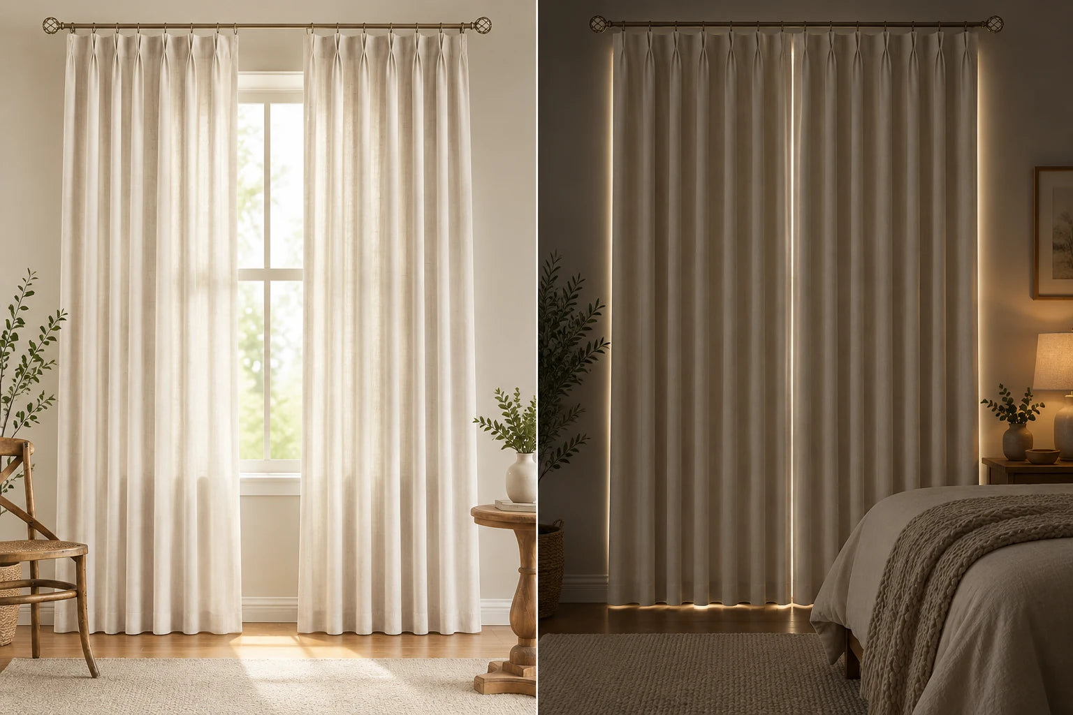 Natural linen curtains comparing light-filtering and blackout construction