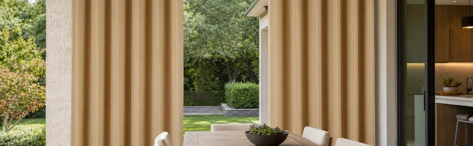 Beige outdoor curtain feature overview