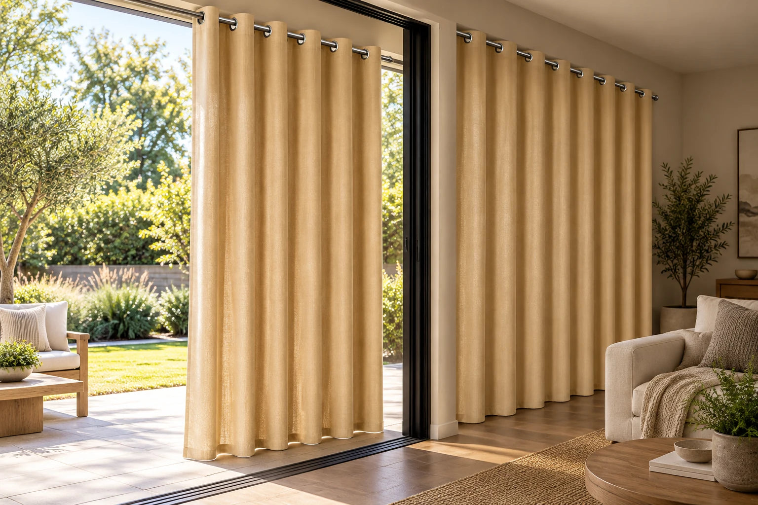 Beige curtains shown from a bright patio and a shaded interior
