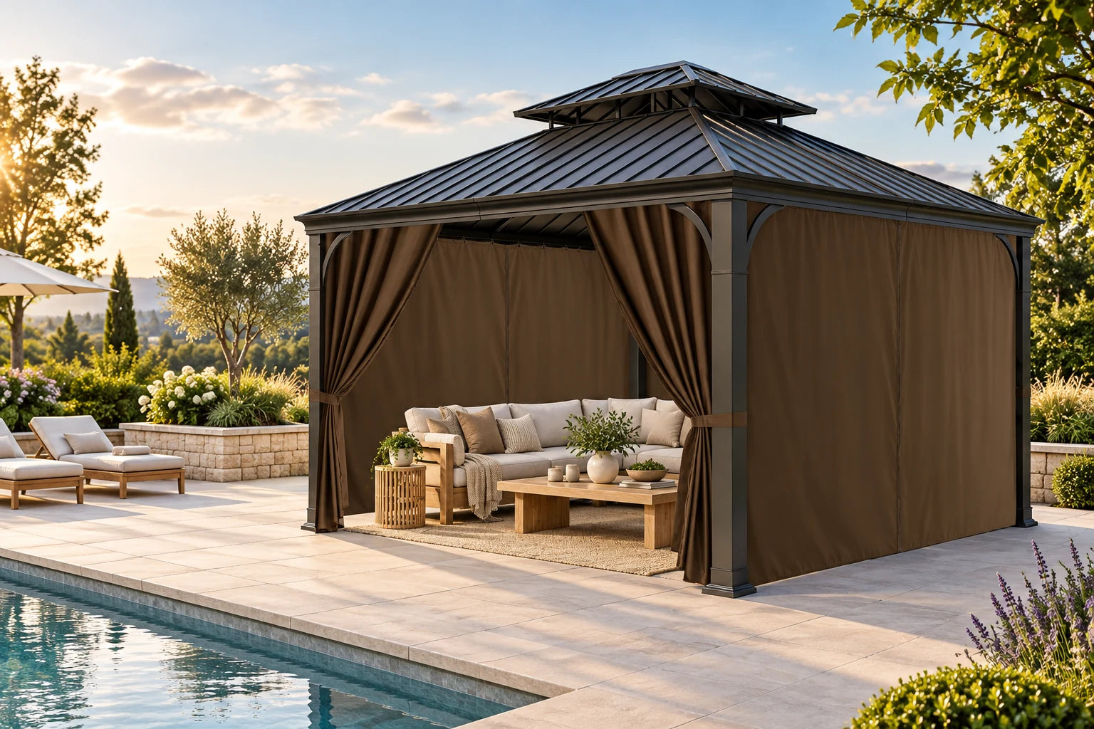 Brown four-panel gazebo privacy curtains in a landscaped patio