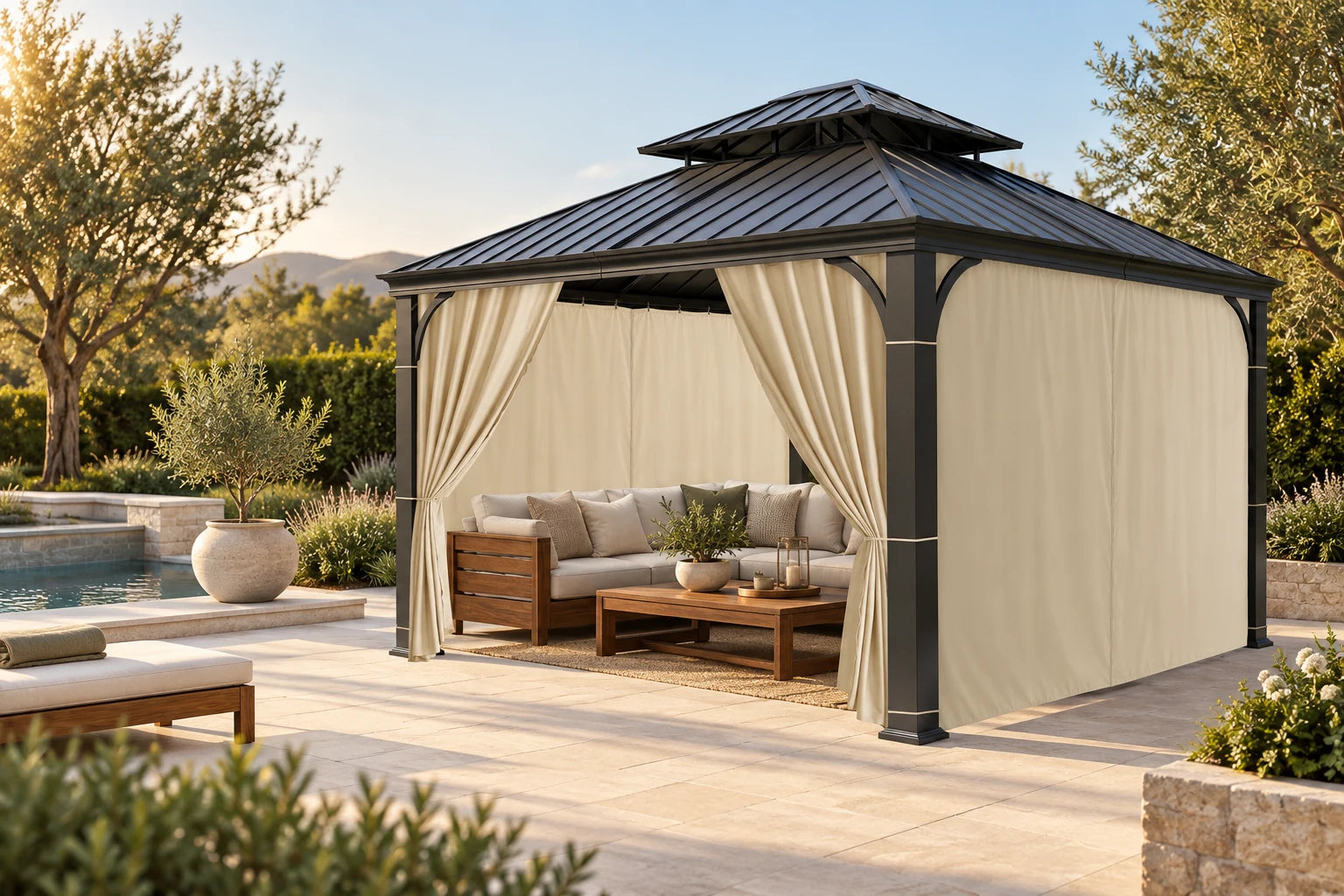 Cream four-panel gazebo privacy curtains