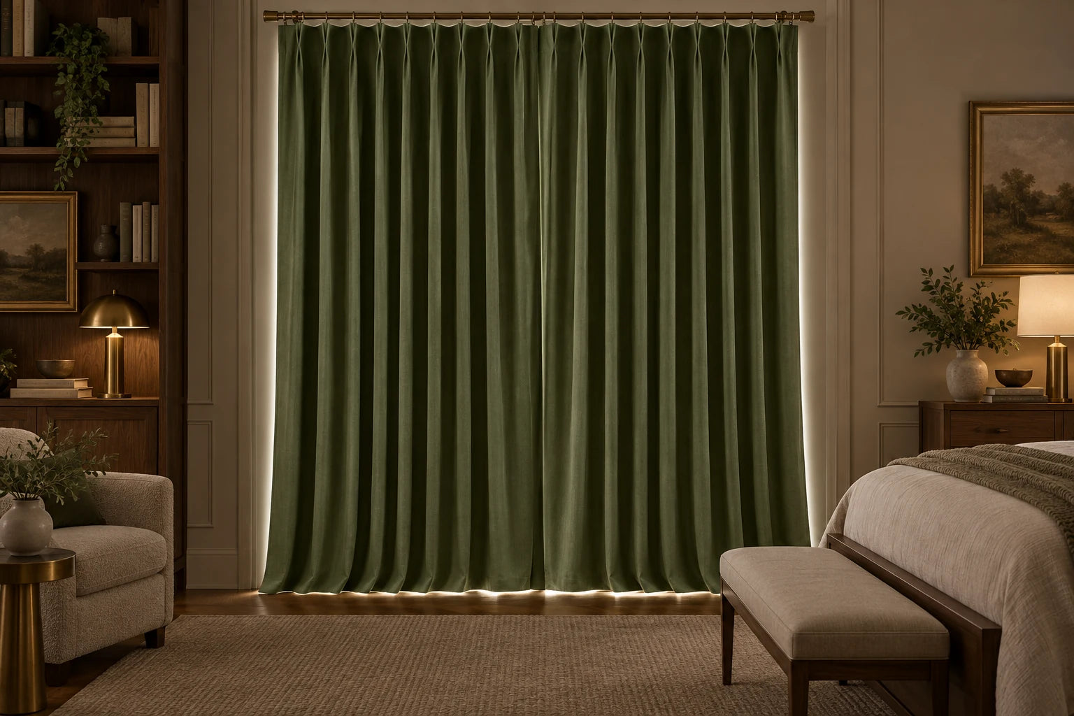 Olive green lined blackout linen-blend pinch pleat curtains