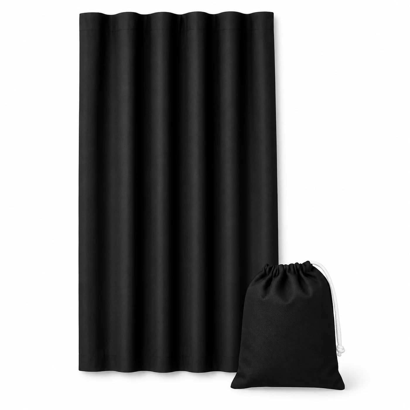 Black portable suction-cup blackout curtain with storage pouch
