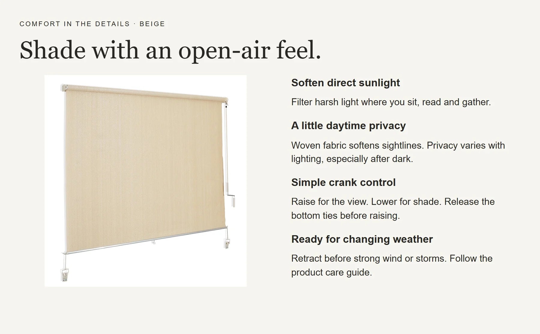 Beige outdoor roller shade features